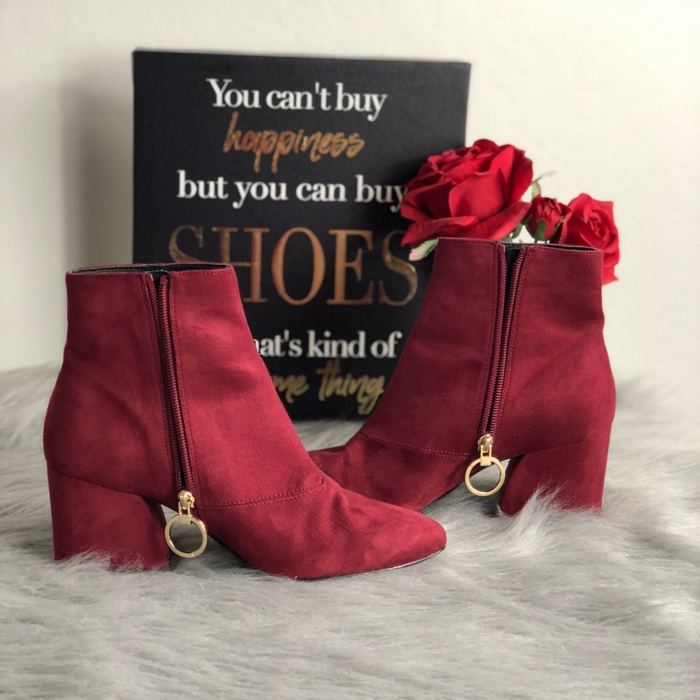 Top Shop Berry Suede Vegan Gold Side Zip Bootie - Picture 6 of 8